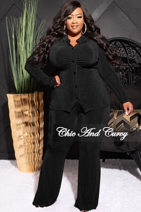 Final Sale Plus Size 2pc Slinky Button Up Collar Top and Pants Set in Black Secure Closures