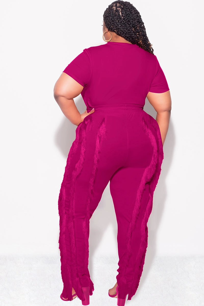 Final Sale Plus Size 2pc Tassel Pant Set in Berry Fashion Staple Elastic Fit