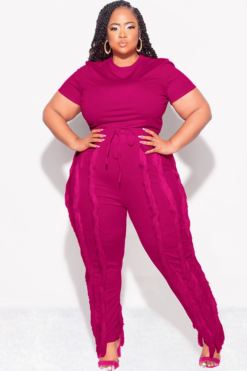 Loose cut Final Sale Plus Size 2pc Tassel Pant Set in Berry
