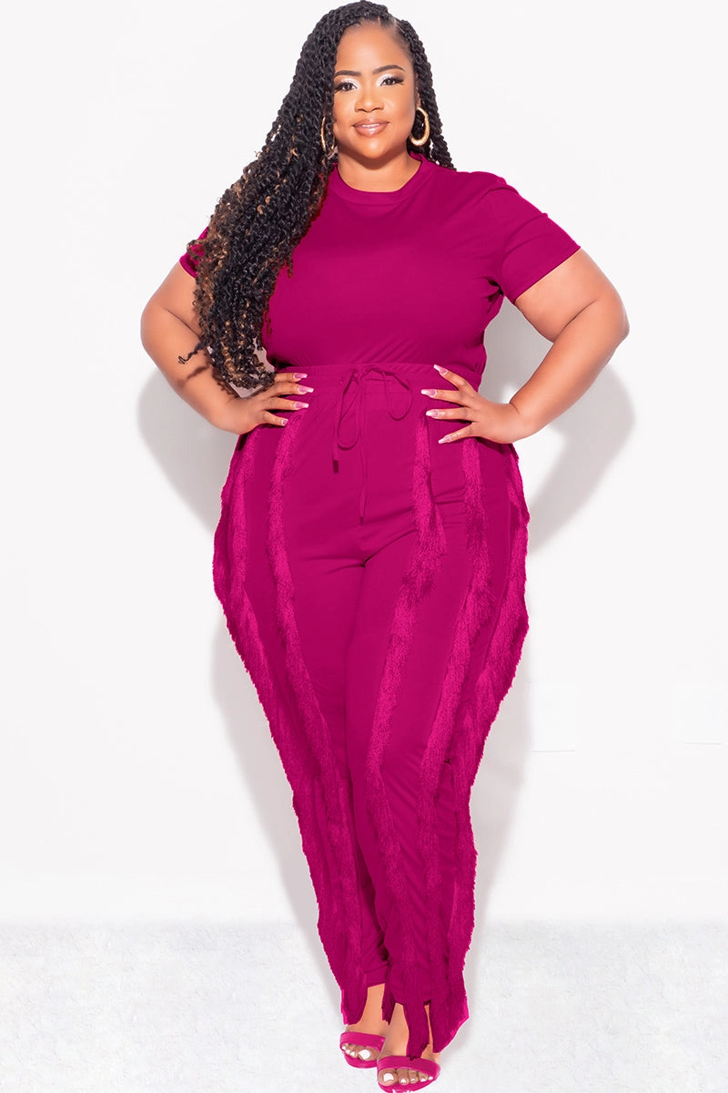 Comfy Design Bold Waistband Final Sale Plus Size 2pc Tassel Pant Set in Berry