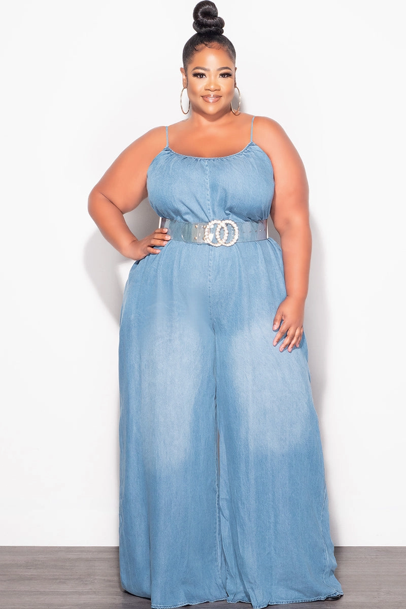 Cozy Movement Final Sale Plus Size Sleeveless Chambray Jumpsuit in Denim Color