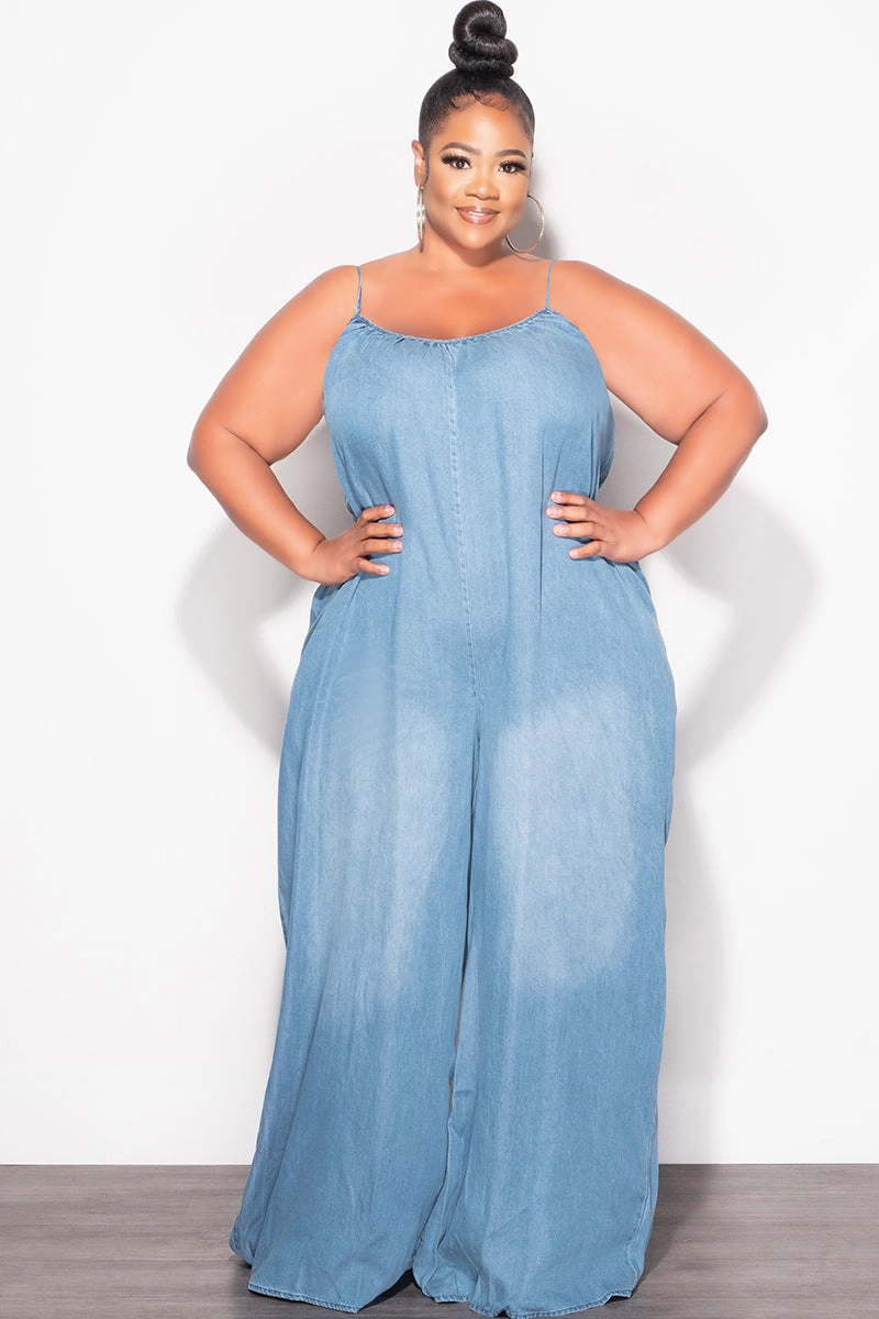 Final Sale Plus Size Sleeveless Chambray Jumpsuit in Denim Color Easy Comfort