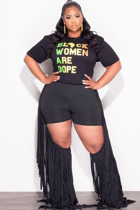 Final Sale Plus Size High Waist Cutout Fringe Trim Pants in Black Tagless label No Irritation Seams
