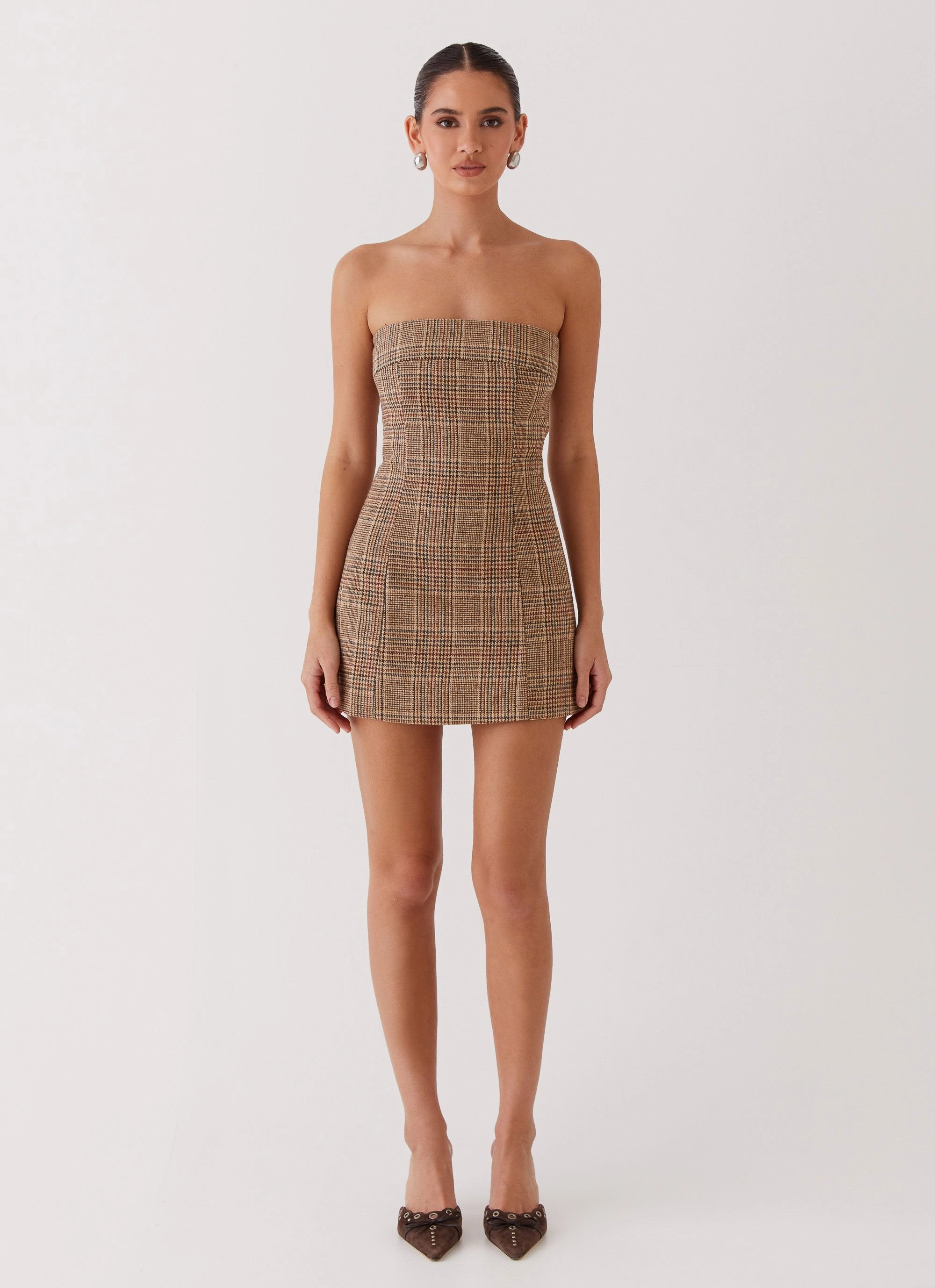 Vivenda Strapless Mini Dress - Brown Plaid Easy-to-style casual dress