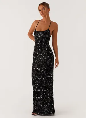 Happy Scent Bold-Color Cressida Rhinestone Mesh Maxi Dress - Black