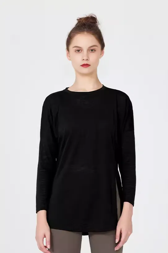 Crewneck Long Sleeve Shirt with Side Slit