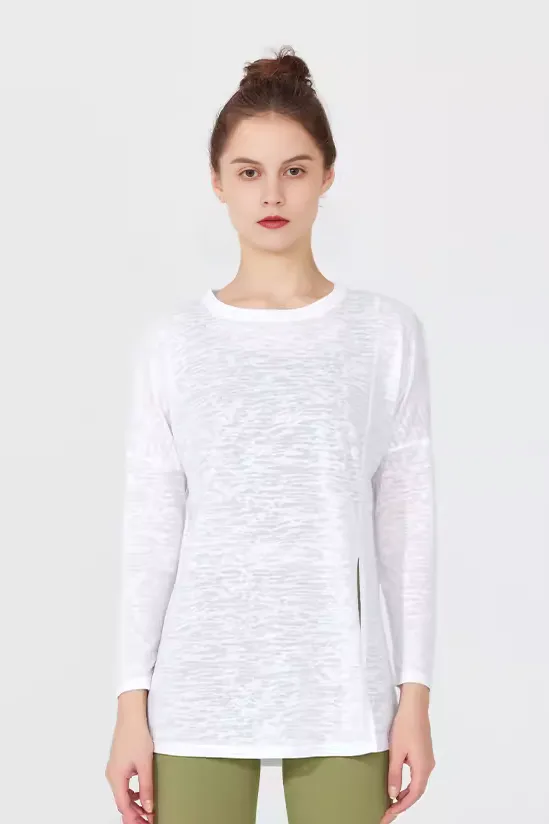 Crewneck Long Sleeve Shirt with Side Slit