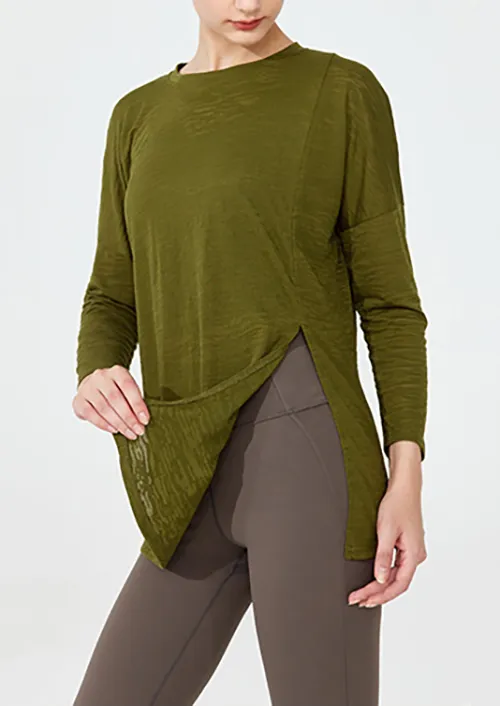 Crewneck Long Sleeve Shirt with Side Slit