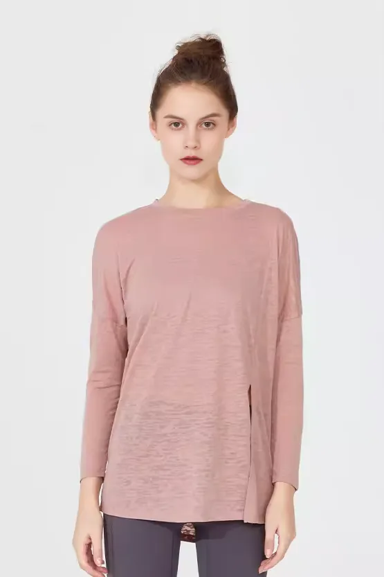 Crewneck Long Sleeve Shirt with Side Slit