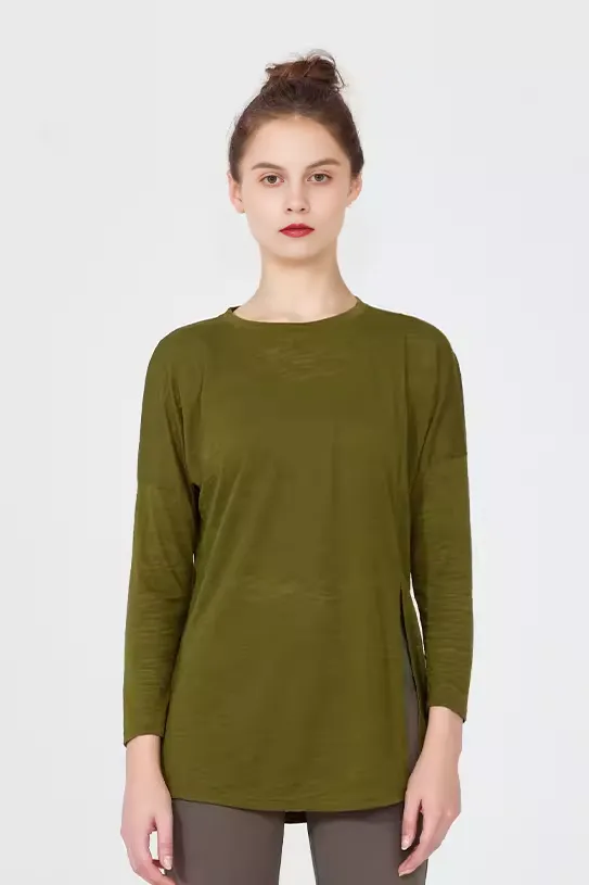 Crewneck Long Sleeve Shirt with Side Slit