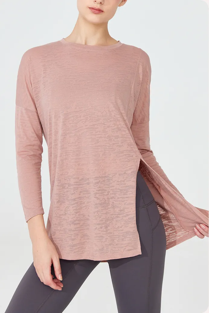 Crewneck Long Sleeve Shirt with Side Slit