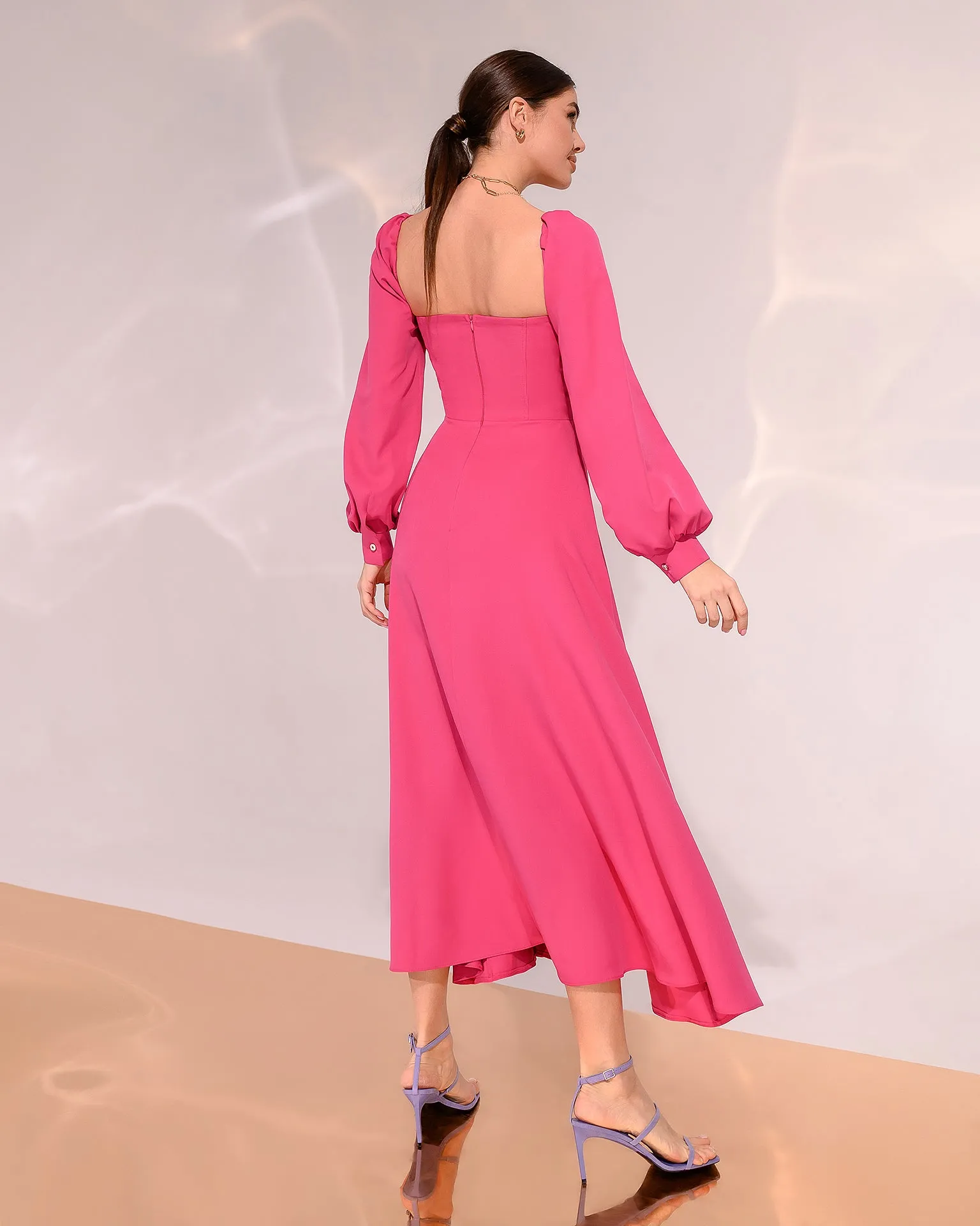 Crimson Puff-Sleeve Midi Dress