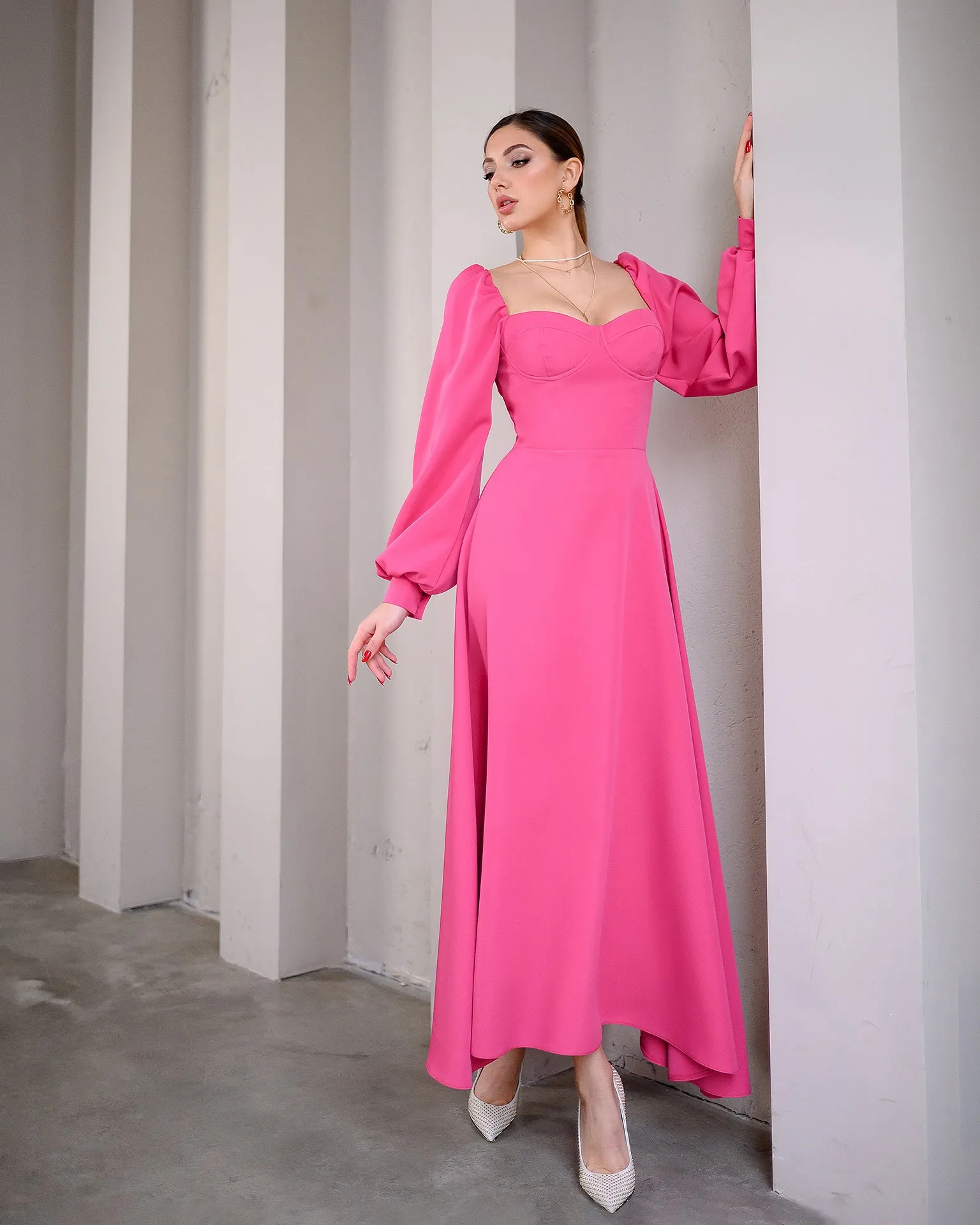 Crimson Puff-Sleeve Midi Dress