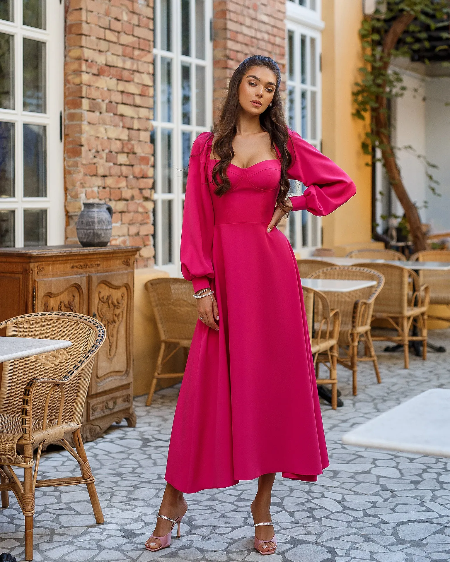 Crimson Puff-Sleeve Midi Dress