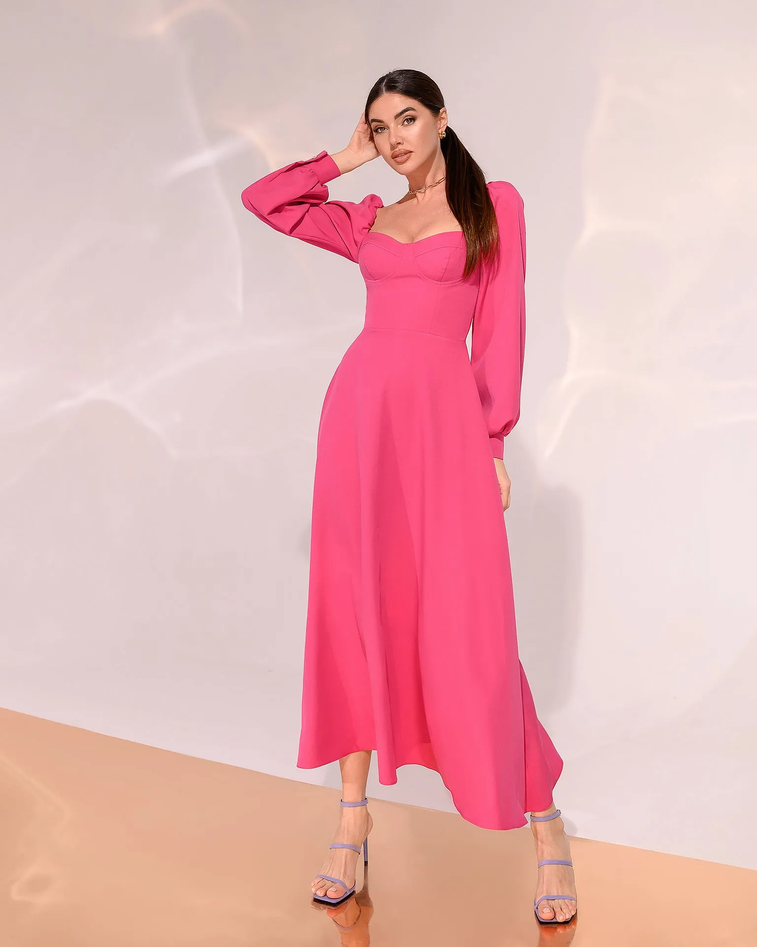 Crimson Puff-Sleeve Midi Dress