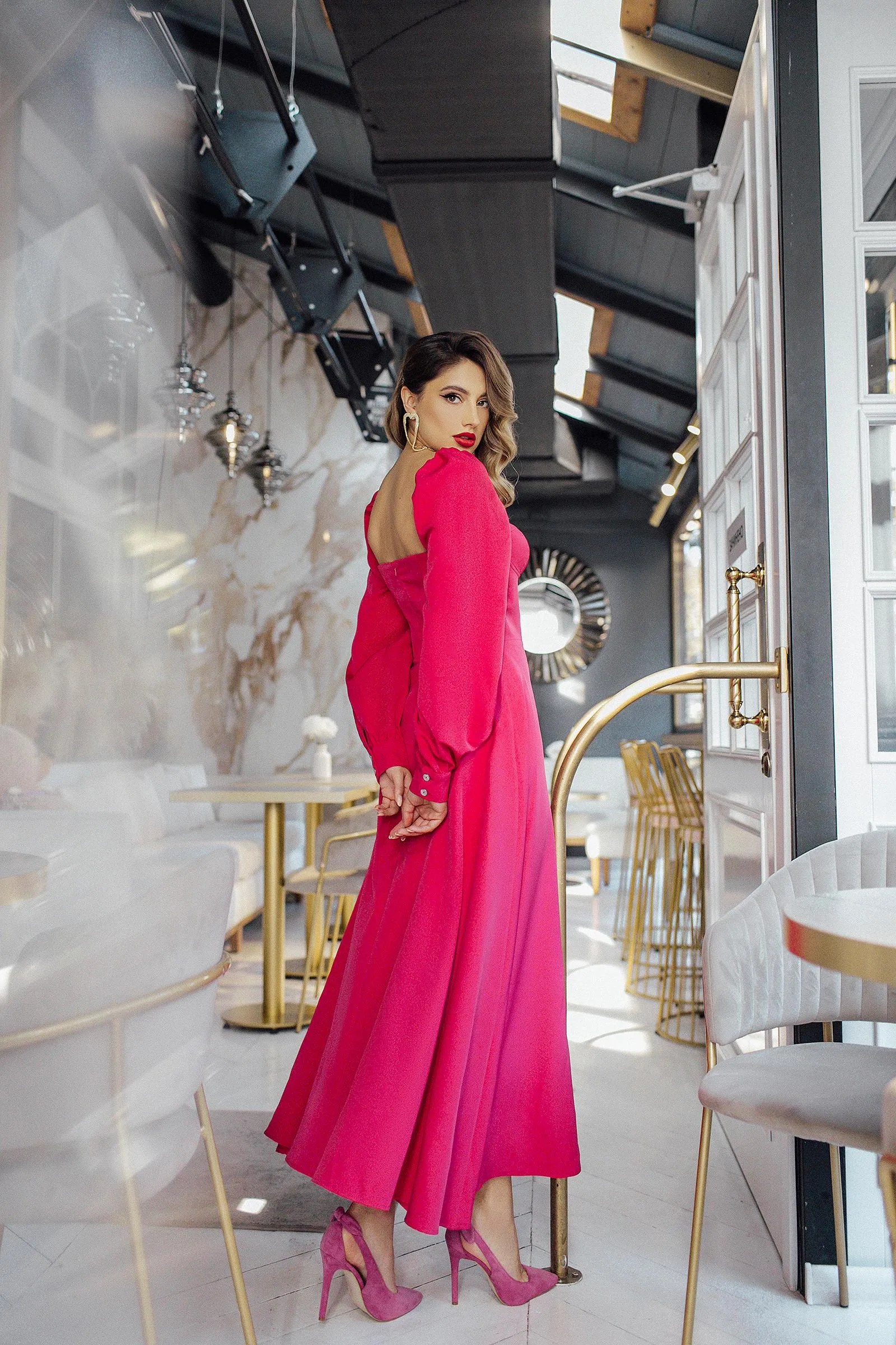 Crimson Puff-Sleeve Midi Dress