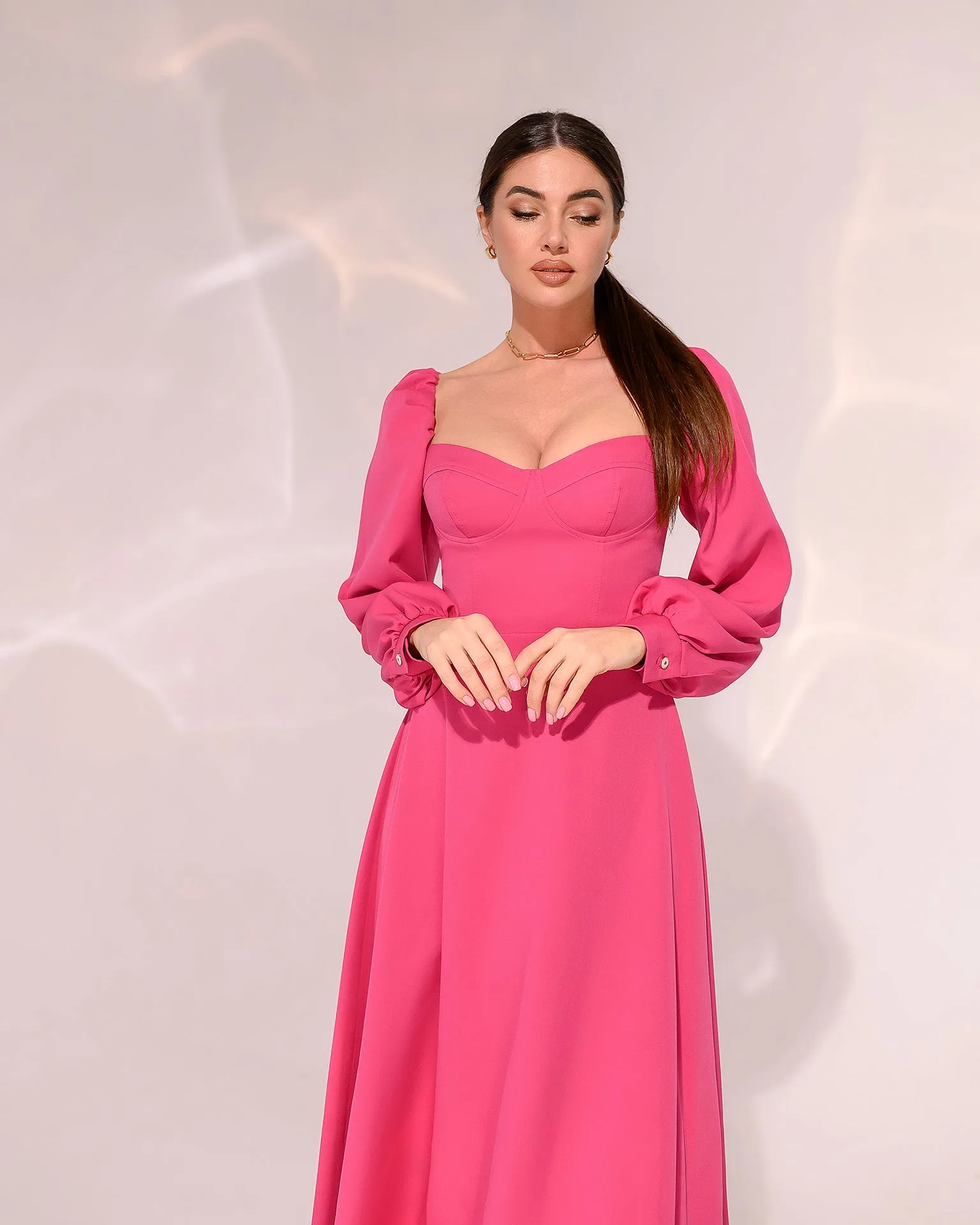 Crimson Puff-Sleeve Midi Dress