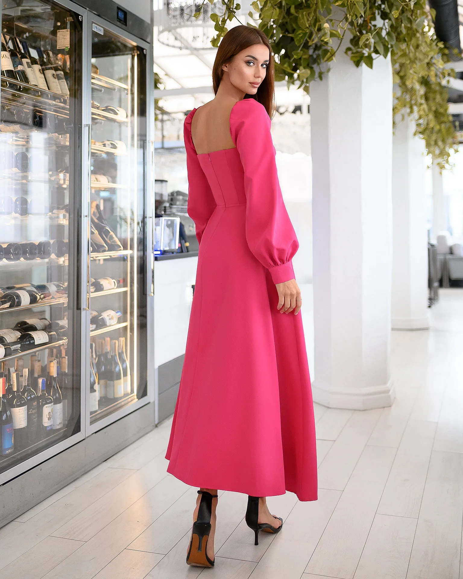 Crimson Puff-Sleeve Midi Dress