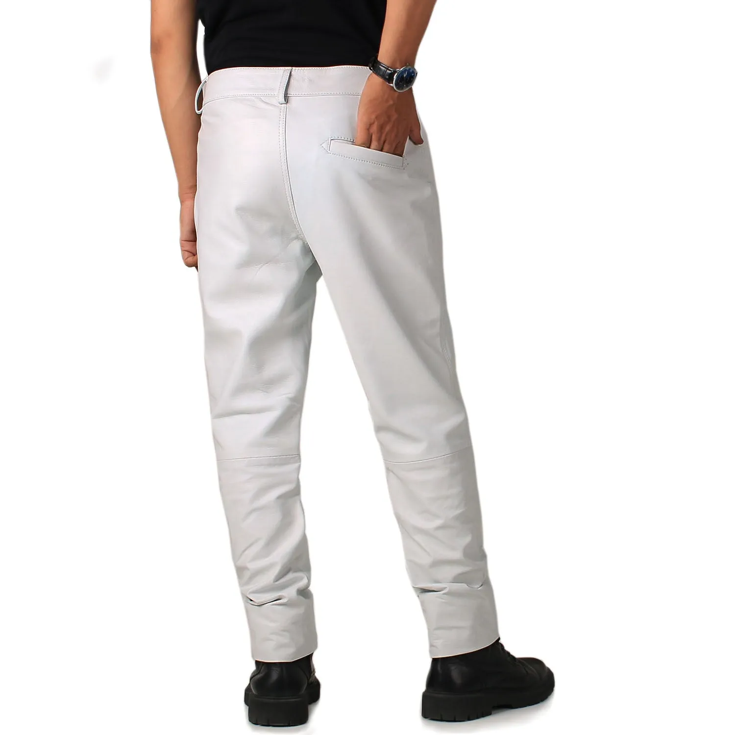 Crionis Men's White Slim Fit Leather Pants