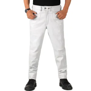 Crionis Men's White Slim Fit Leather Pants