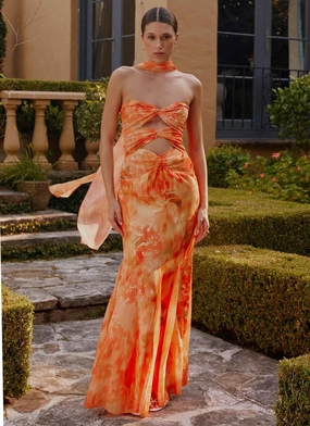 Melrose Satin Chiffon Maxi Dress - Sunset Floral Urban Drape Sophisticated Comfort