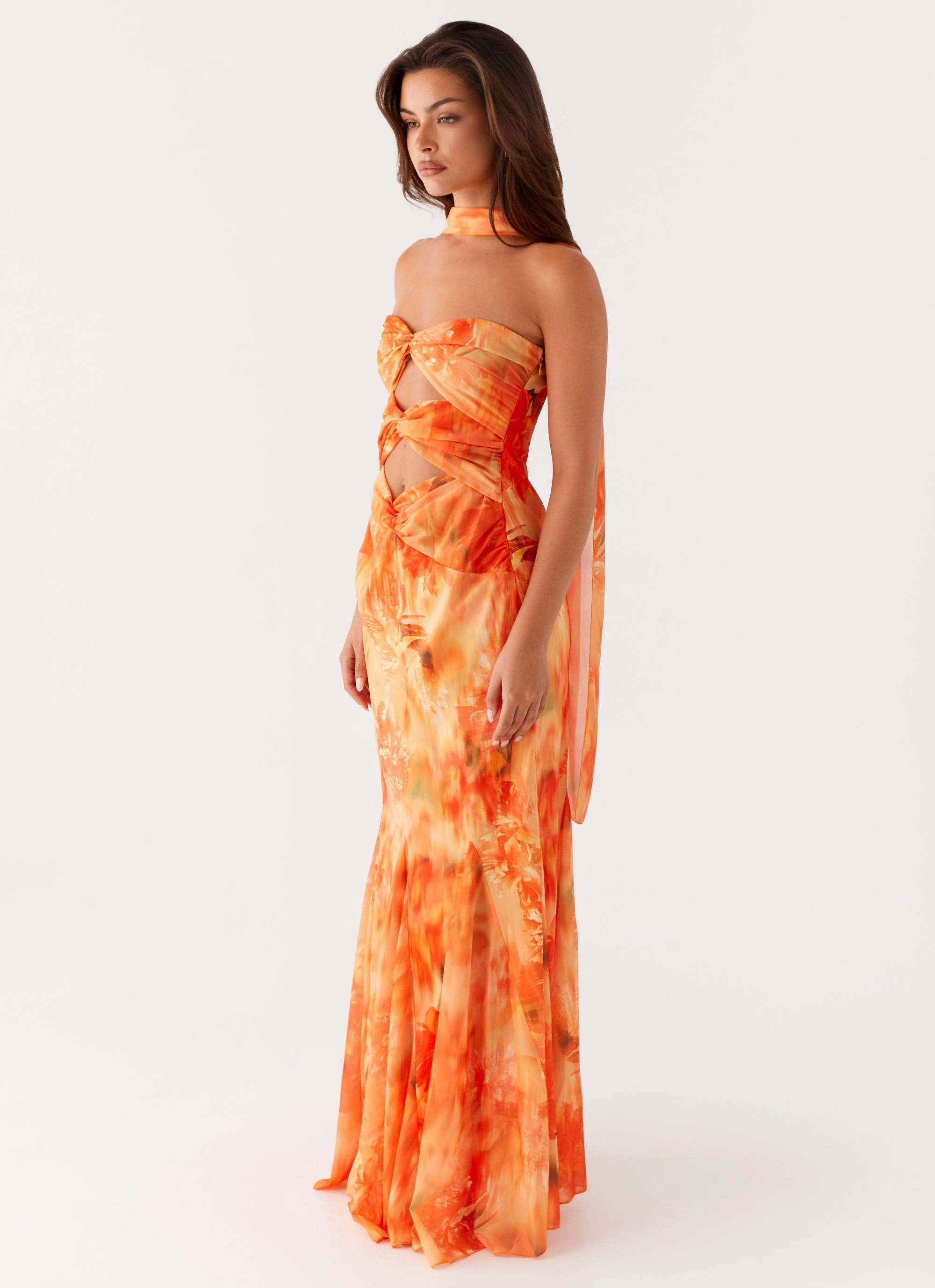Melrose Satin Chiffon Maxi Dress - Sunset Floral Fresh Fit Satin-Finish
