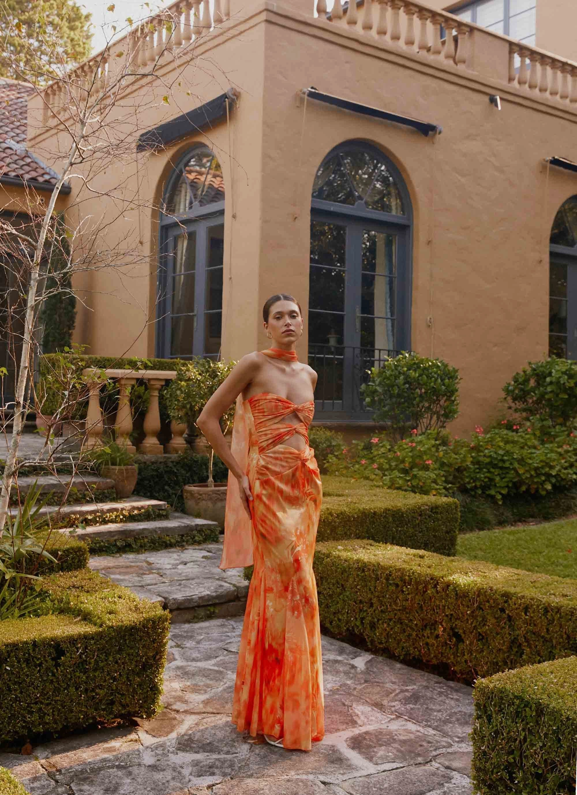 Evening Ready Morning Glow Melrose Satin Chiffon Maxi Dress - Sunset Floral