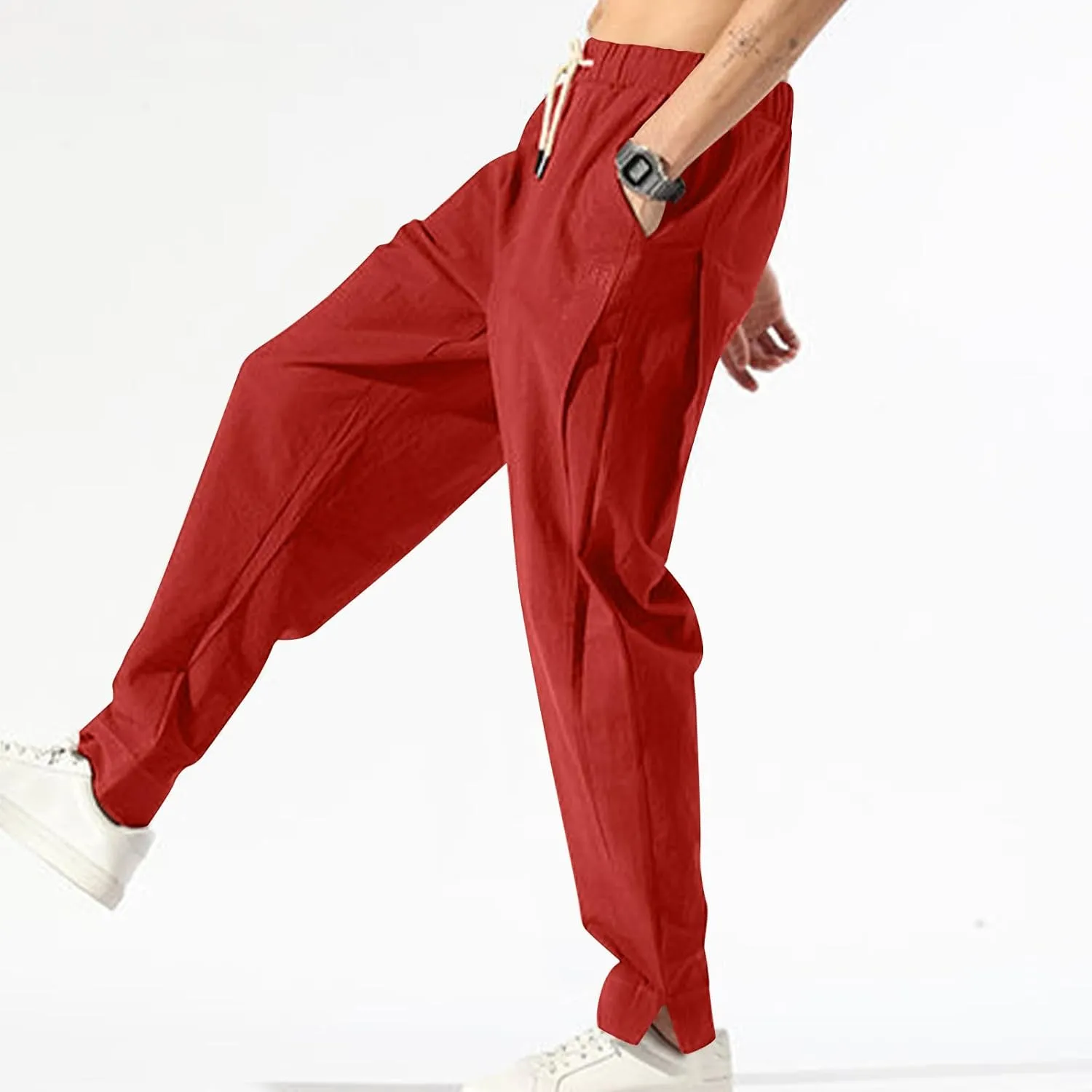 Ctreela Men's Linen Drawstring Pants Casual Elastic Waist Lightweight Trouser Hippie Summer Beach Yoga Pants Baggy Loose