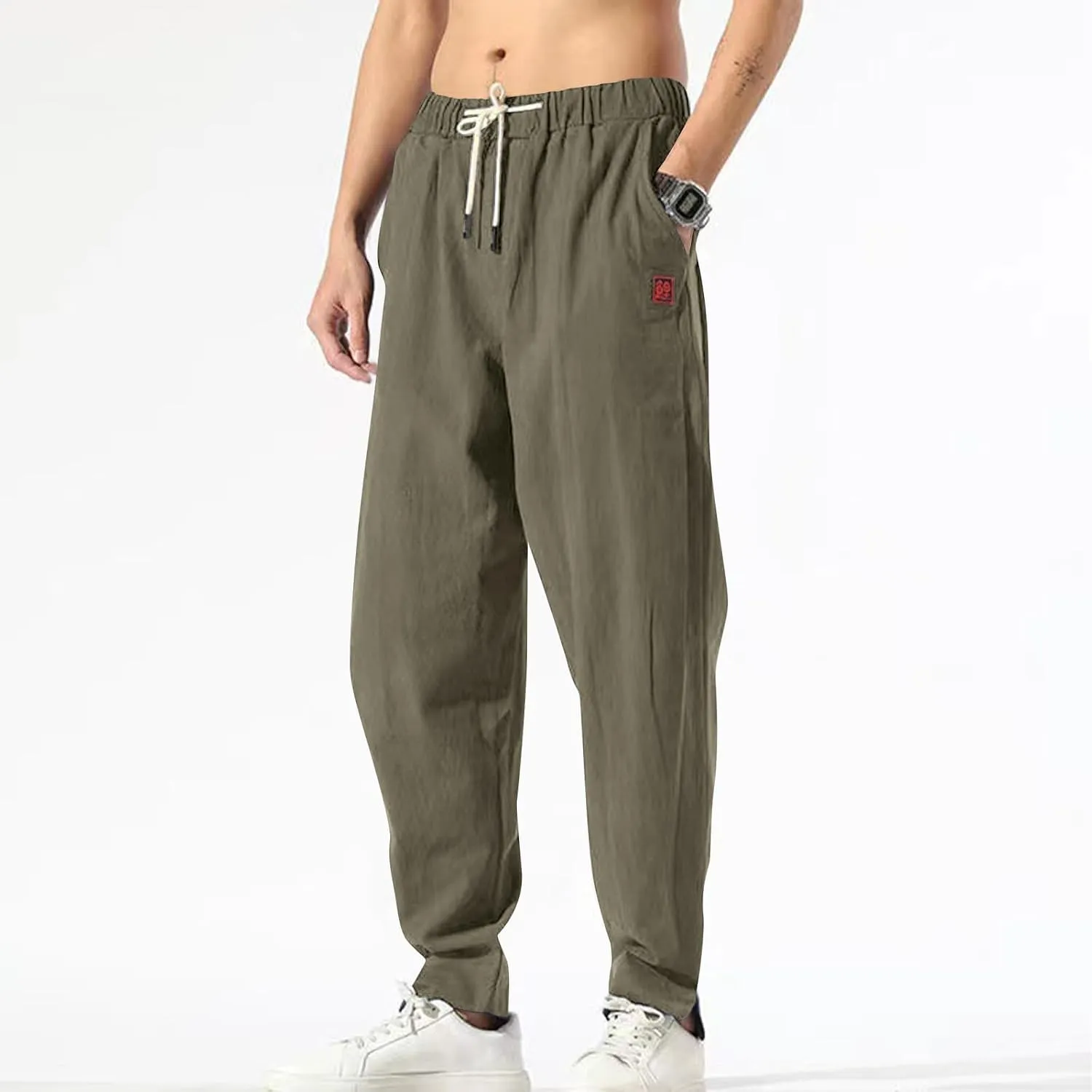 Ctreela Men's Linen Drawstring Pants Casual Elastic Waist Lightweight Trouser Hippie Summer Beach Yoga Pants Baggy Loose