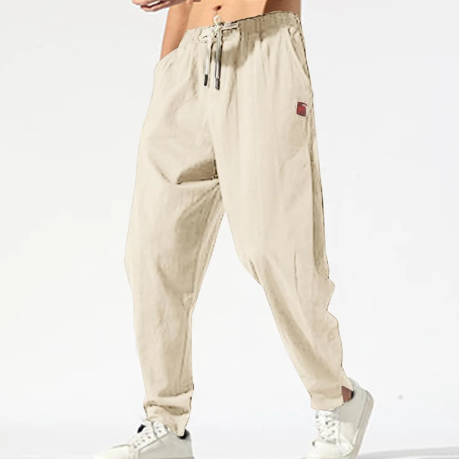 Ctreela Men's Linen Drawstring Pants Casual Elastic Waist Lightweight Trouser Hippie Summer Beach Yoga Pants Baggy Loose