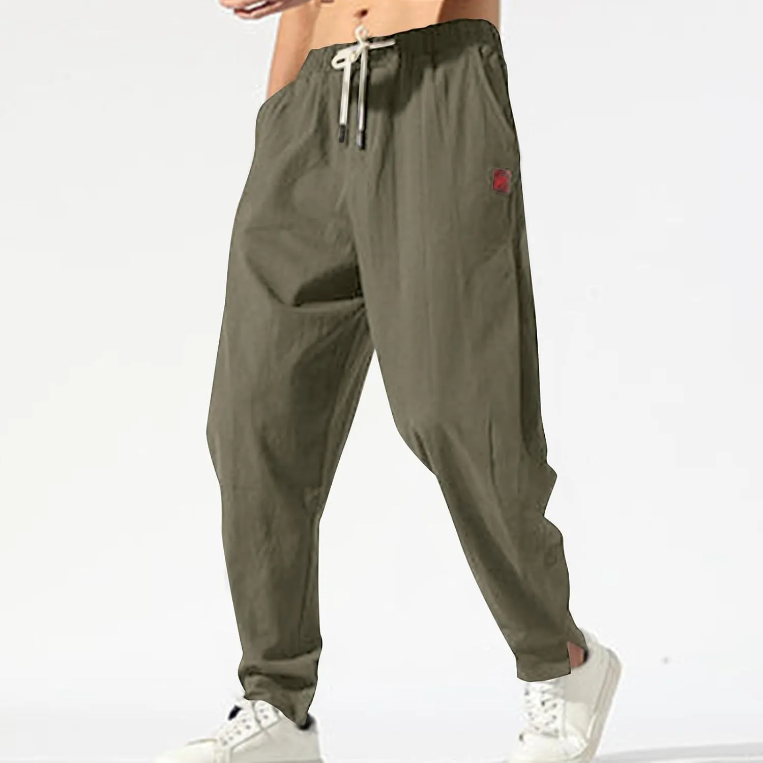 Ctreela Men's Linen Drawstring Pants Casual Elastic Waist Lightweight Trouser Hippie Summer Beach Yoga Pants Baggy Loose