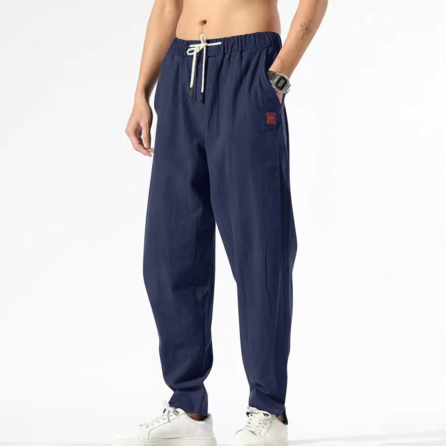 Ctreela Men's Linen Drawstring Pants Casual Elastic Waist Lightweight Trouser Hippie Summer Beach Yoga Pants Baggy Loose
