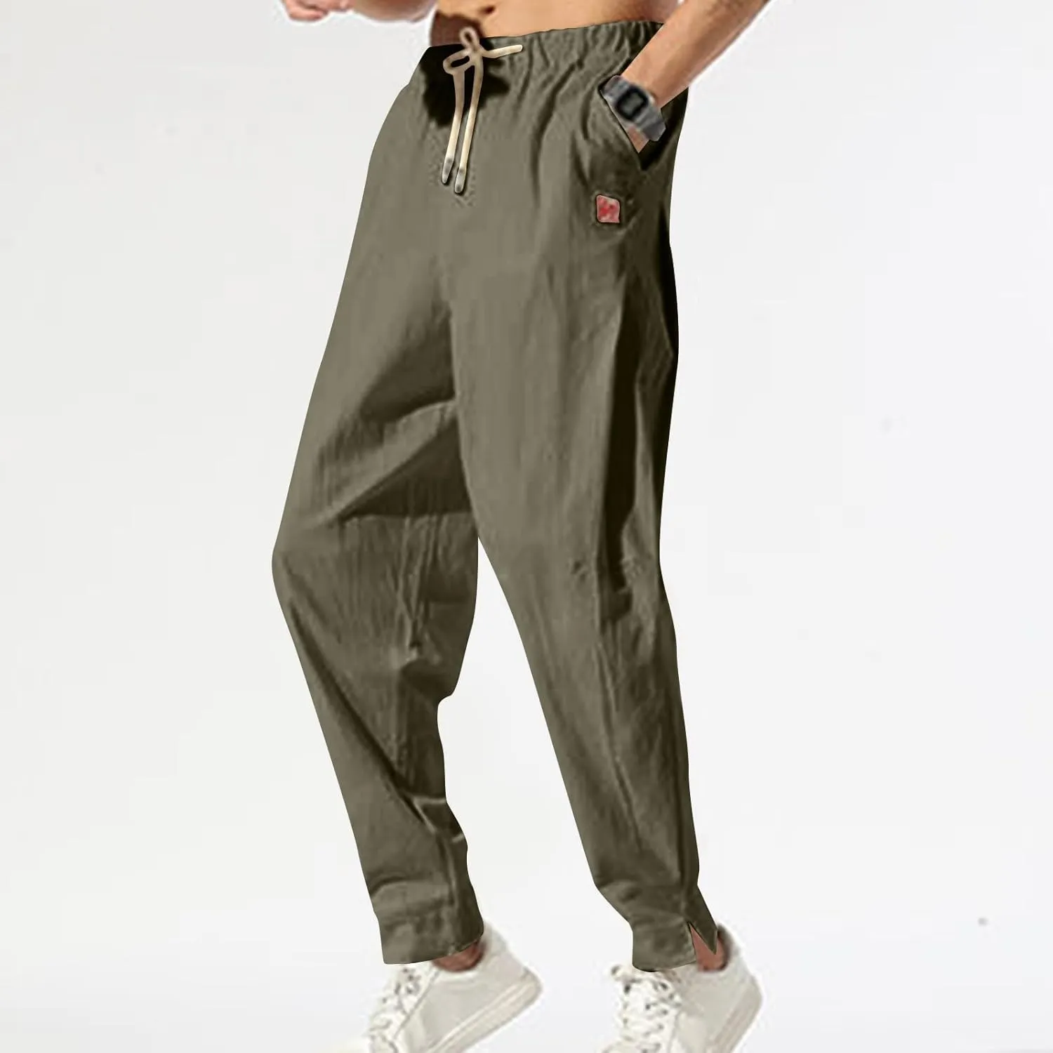 Ctreela Men's Linen Drawstring Pants Casual Elastic Waist Lightweight Trouser Hippie Summer Beach Yoga Pants Baggy Loose