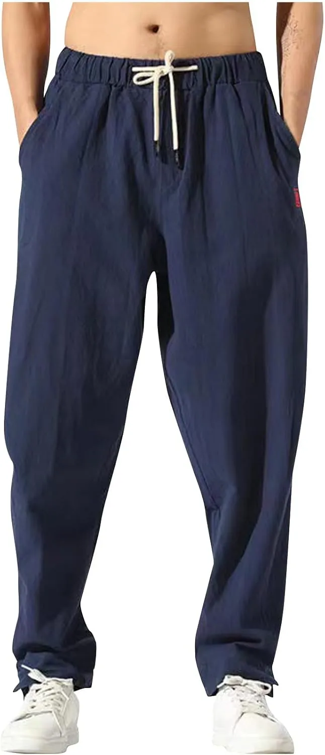 Ctreela Men's Linen Drawstring Pants Casual Elastic Waist Lightweight Trouser Hippie Summer Beach Yoga Pants Baggy Loose