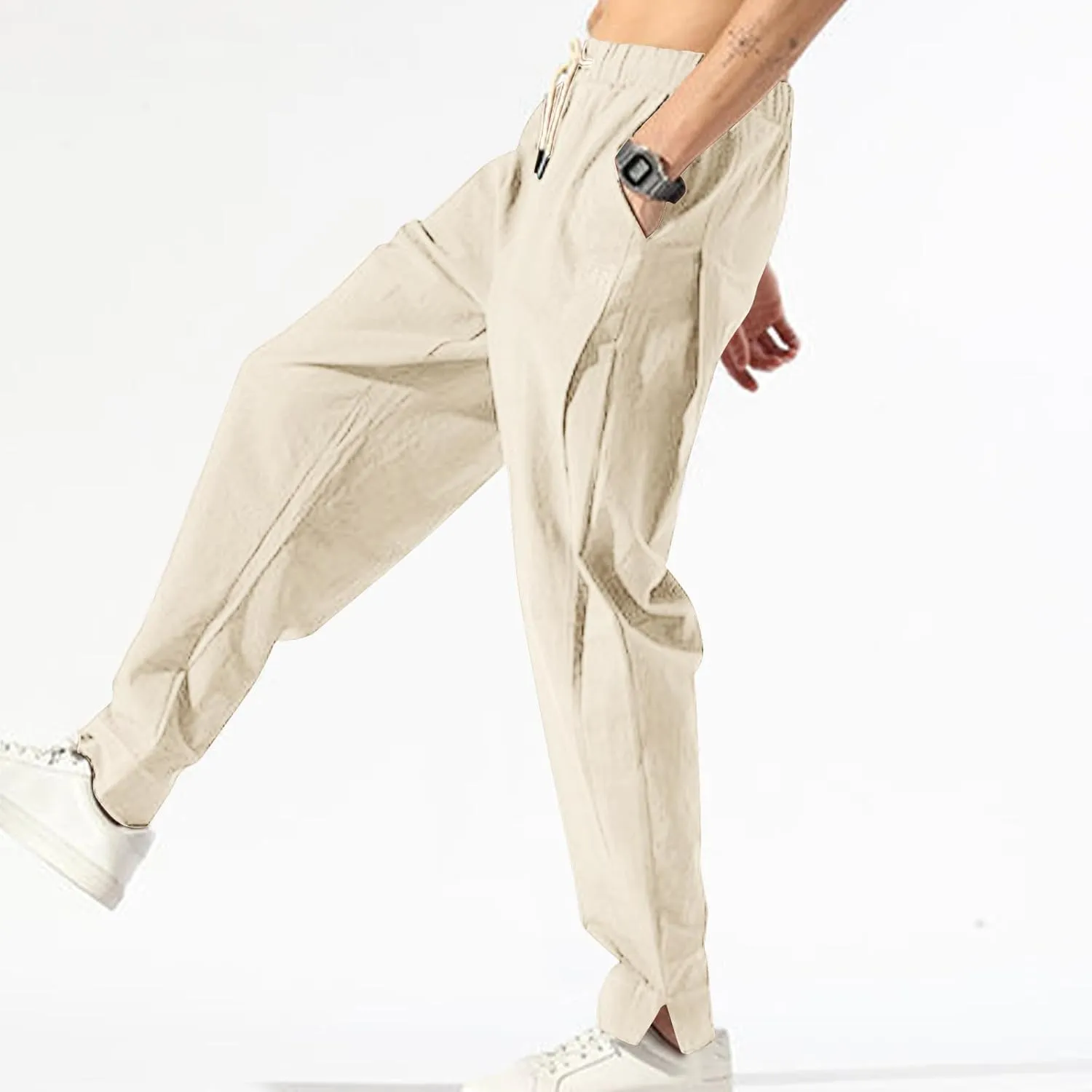 Ctreela Men's Linen Drawstring Pants Casual Elastic Waist Lightweight Trouser Hippie Summer Beach Yoga Pants Baggy Loose