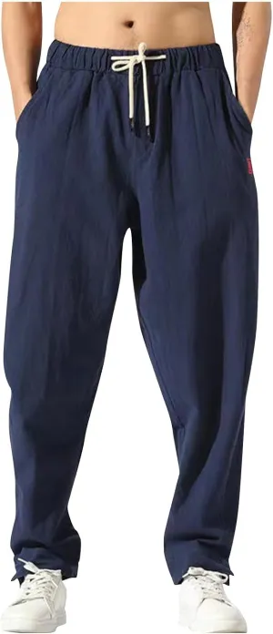 Ctreela Men's Linen Drawstring Pants Casual Elastic Waist Lightweight Trouser Hippie Summer Beach Yoga Pants Baggy Loose