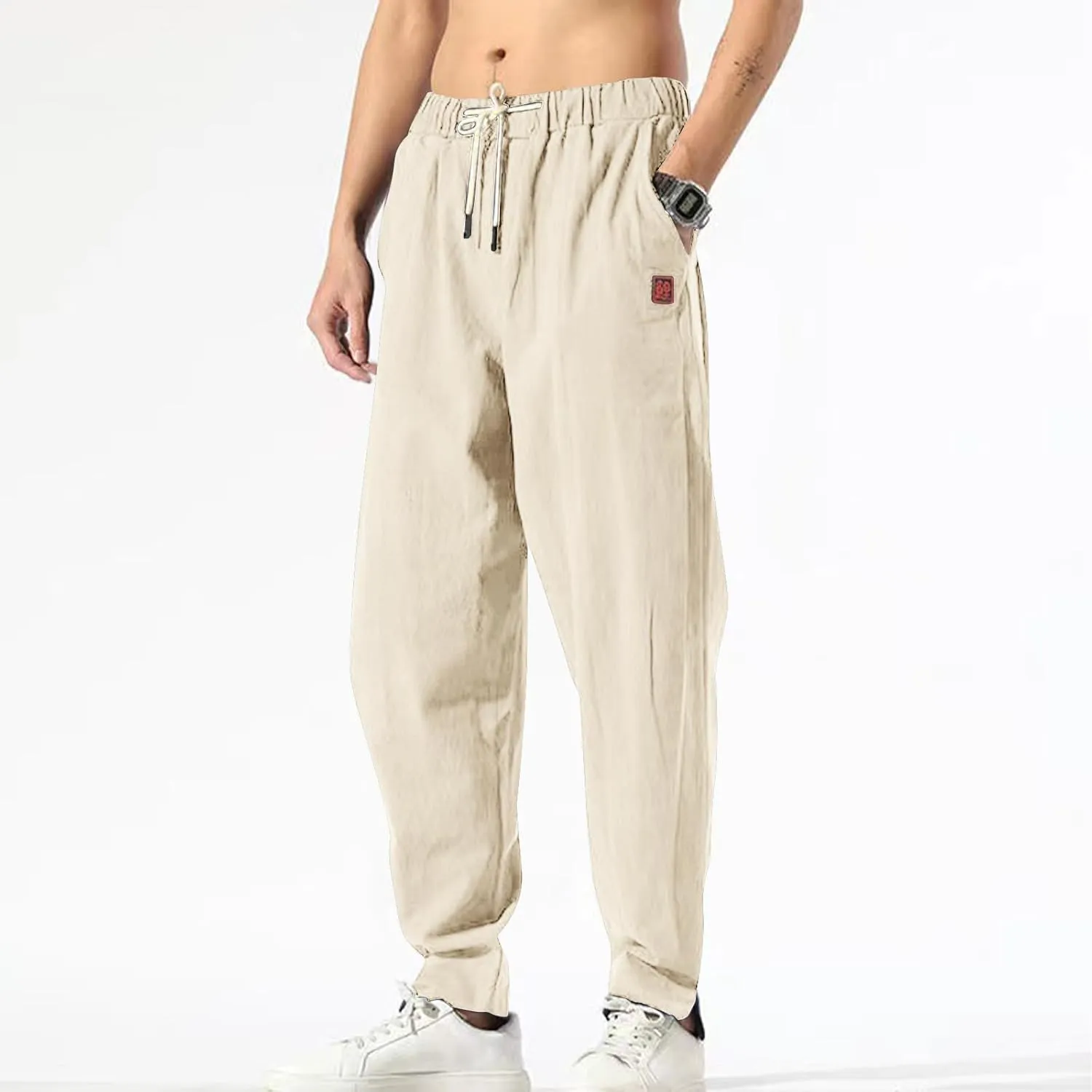 Ctreela Men's Linen Drawstring Pants Casual Elastic Waist Lightweight Trouser Hippie Summer Beach Yoga Pants Baggy Loose