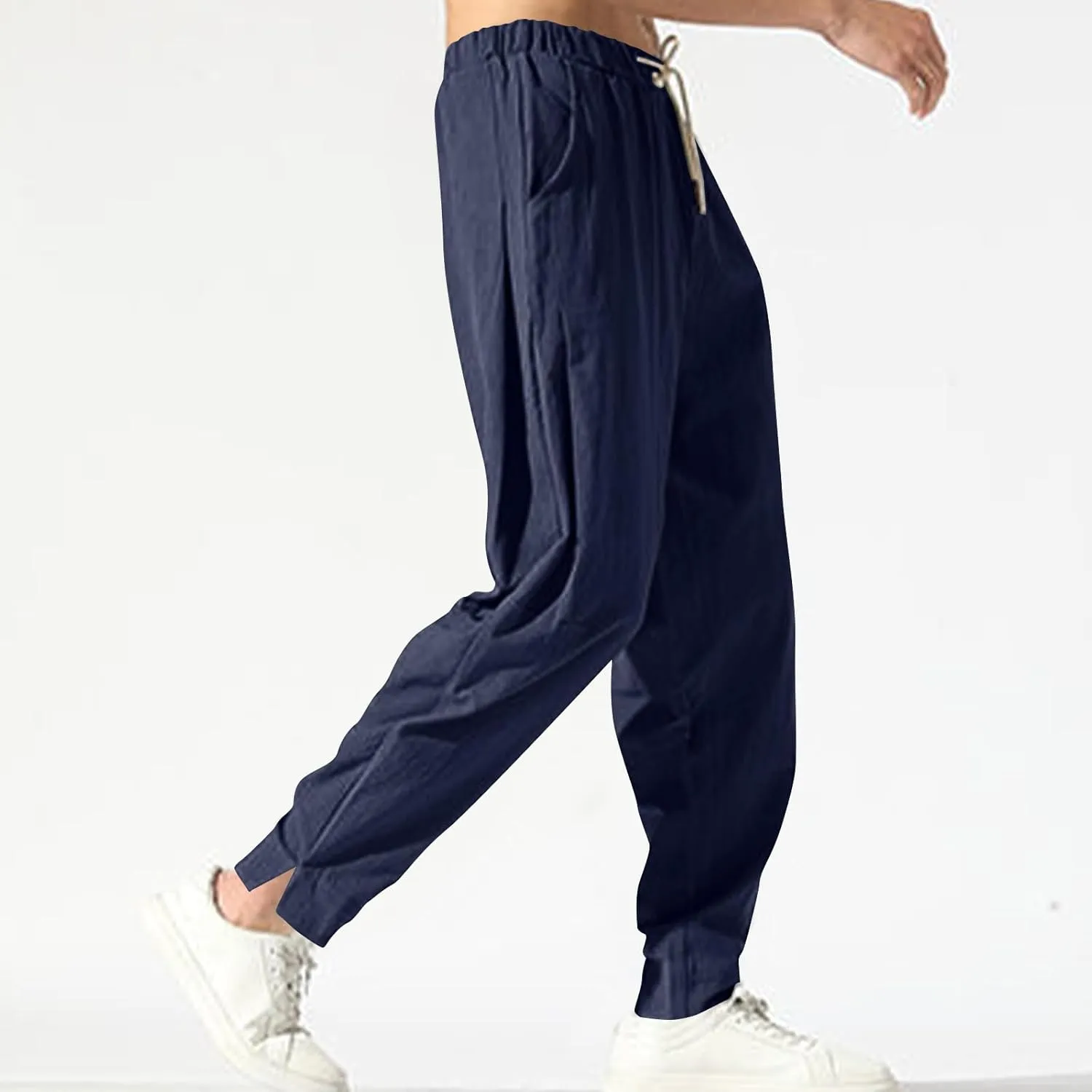 Ctreela Men's Linen Drawstring Pants Casual Elastic Waist Lightweight Trouser Hippie Summer Beach Yoga Pants Baggy Loose