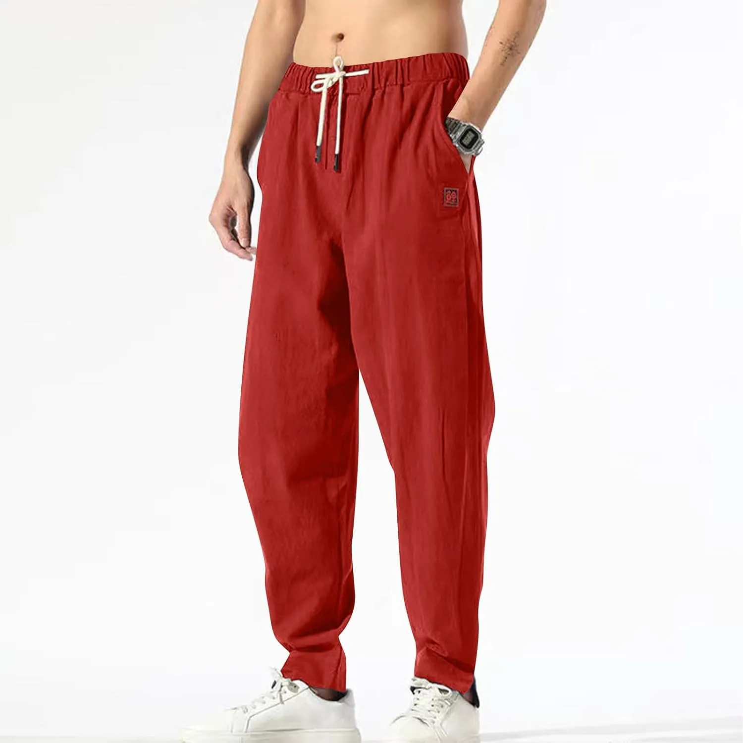 Ctreela Men's Linen Drawstring Pants Casual Elastic Waist Lightweight Trouser Hippie Summer Beach Yoga Pants Baggy Loose