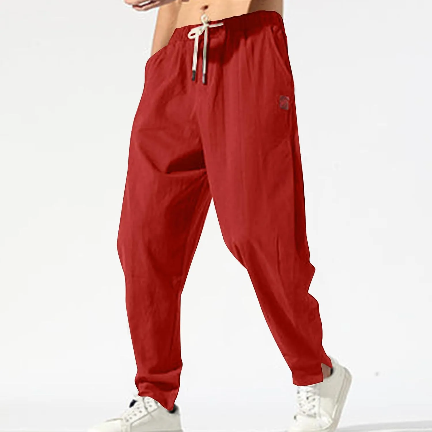 Ctreela Men's Linen Drawstring Pants Casual Elastic Waist Lightweight Trouser Hippie Summer Beach Yoga Pants Baggy Loose