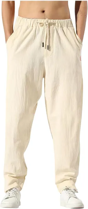 Ctreela Men's Linen Drawstring Pants Casual Elastic Waist Lightweight Trouser Hippie Summer Beach Yoga Pants Baggy Loose