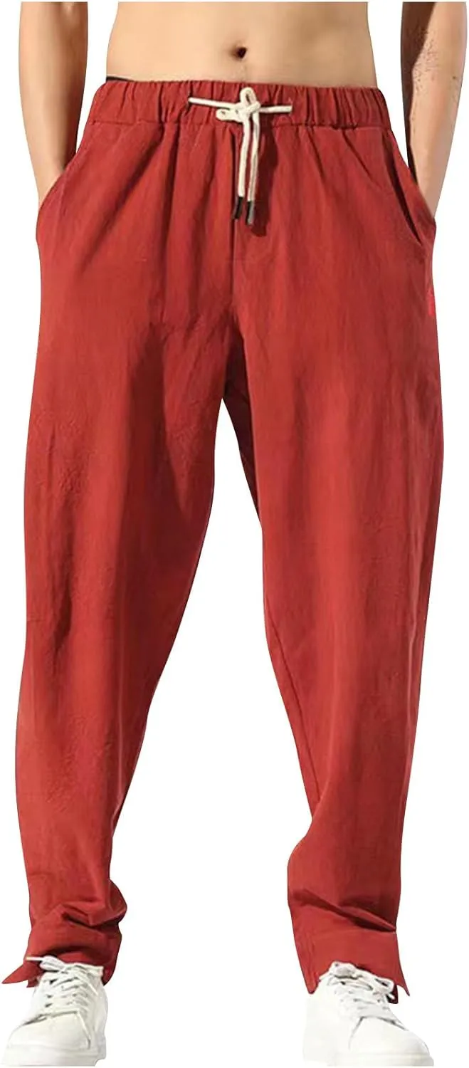 Ctreela Men's Linen Drawstring Pants Casual Elastic Waist Lightweight Trouser Hippie Summer Beach Yoga Pants Baggy Loose