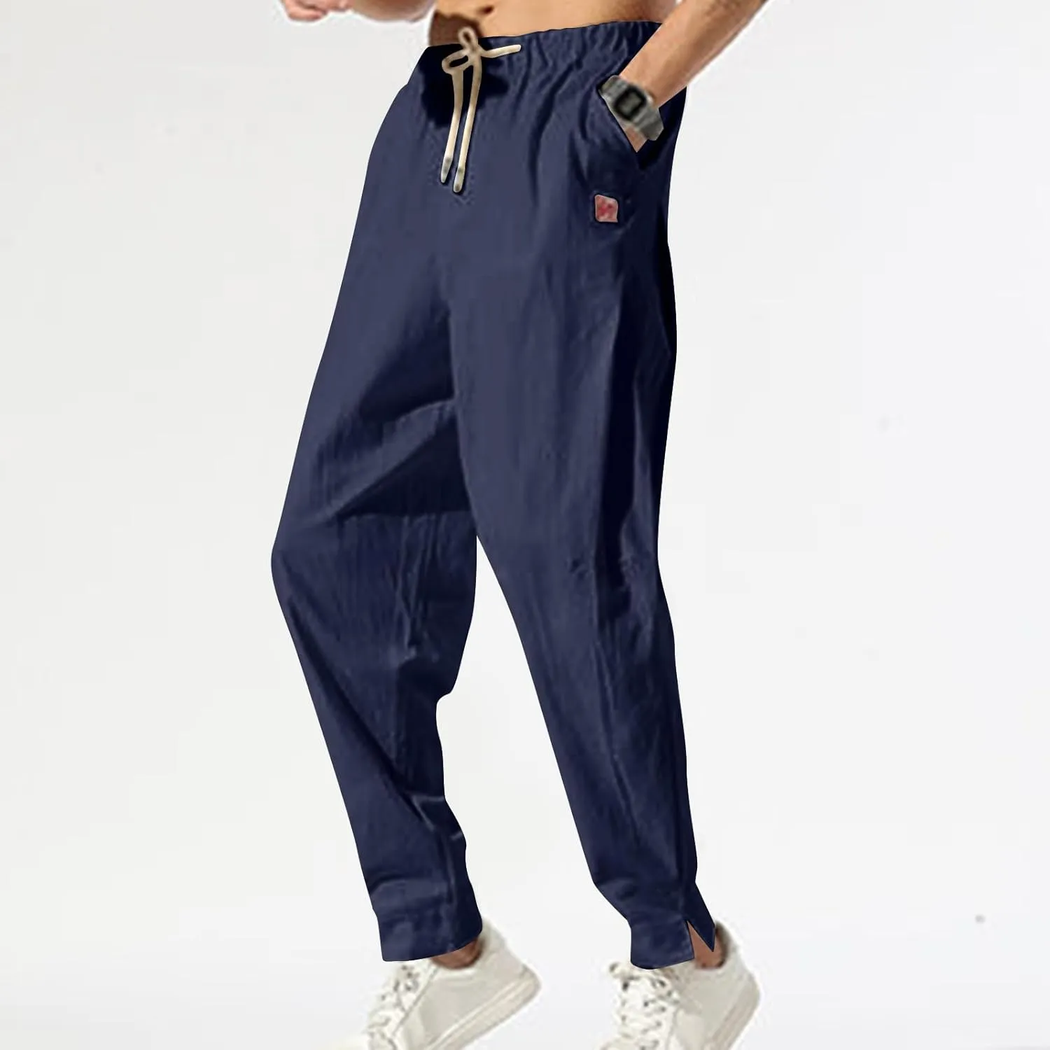 Ctreela Men's Linen Drawstring Pants Casual Elastic Waist Lightweight Trouser Hippie Summer Beach Yoga Pants Baggy Loose