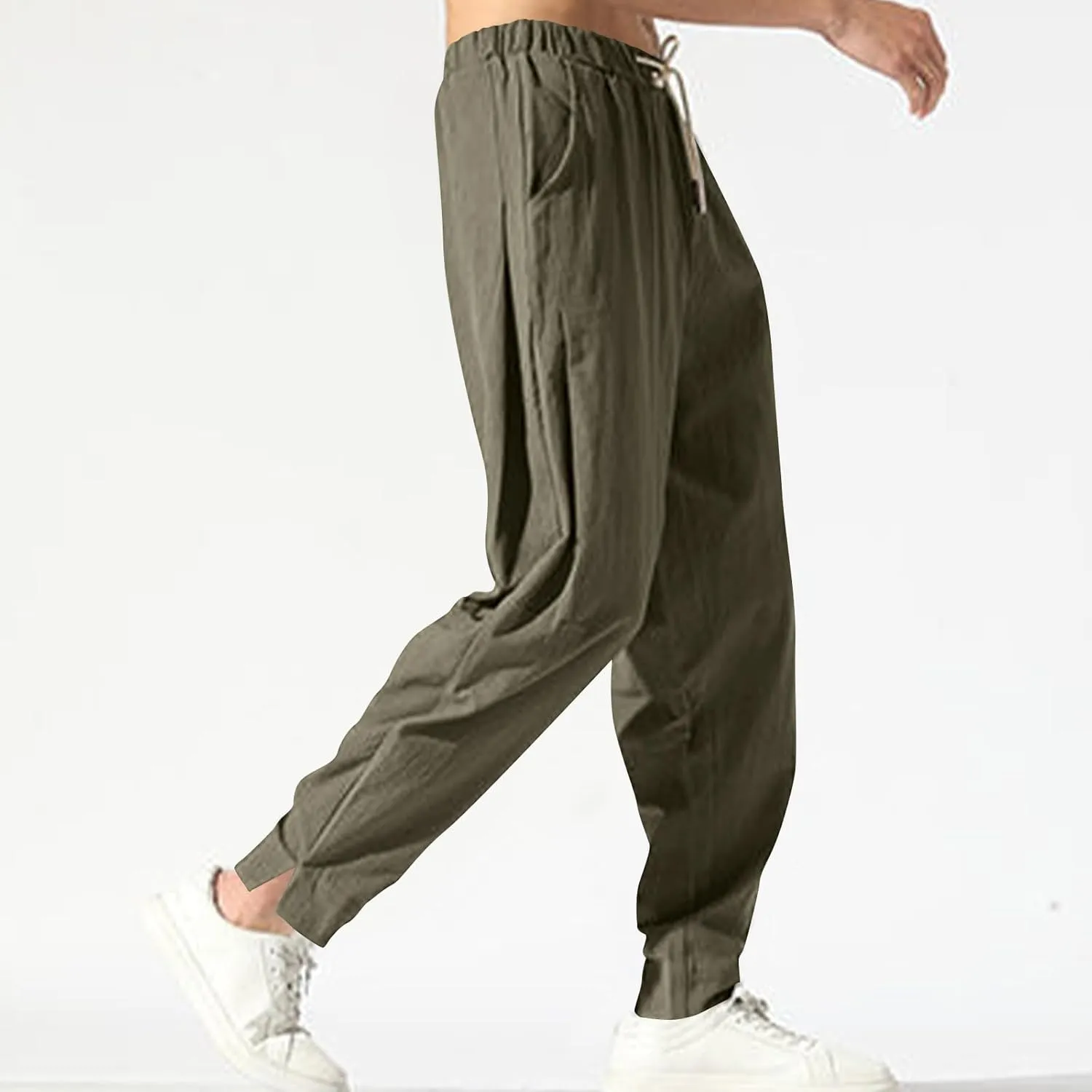 Ctreela Men's Linen Drawstring Pants Casual Elastic Waist Lightweight Trouser Hippie Summer Beach Yoga Pants Baggy Loose