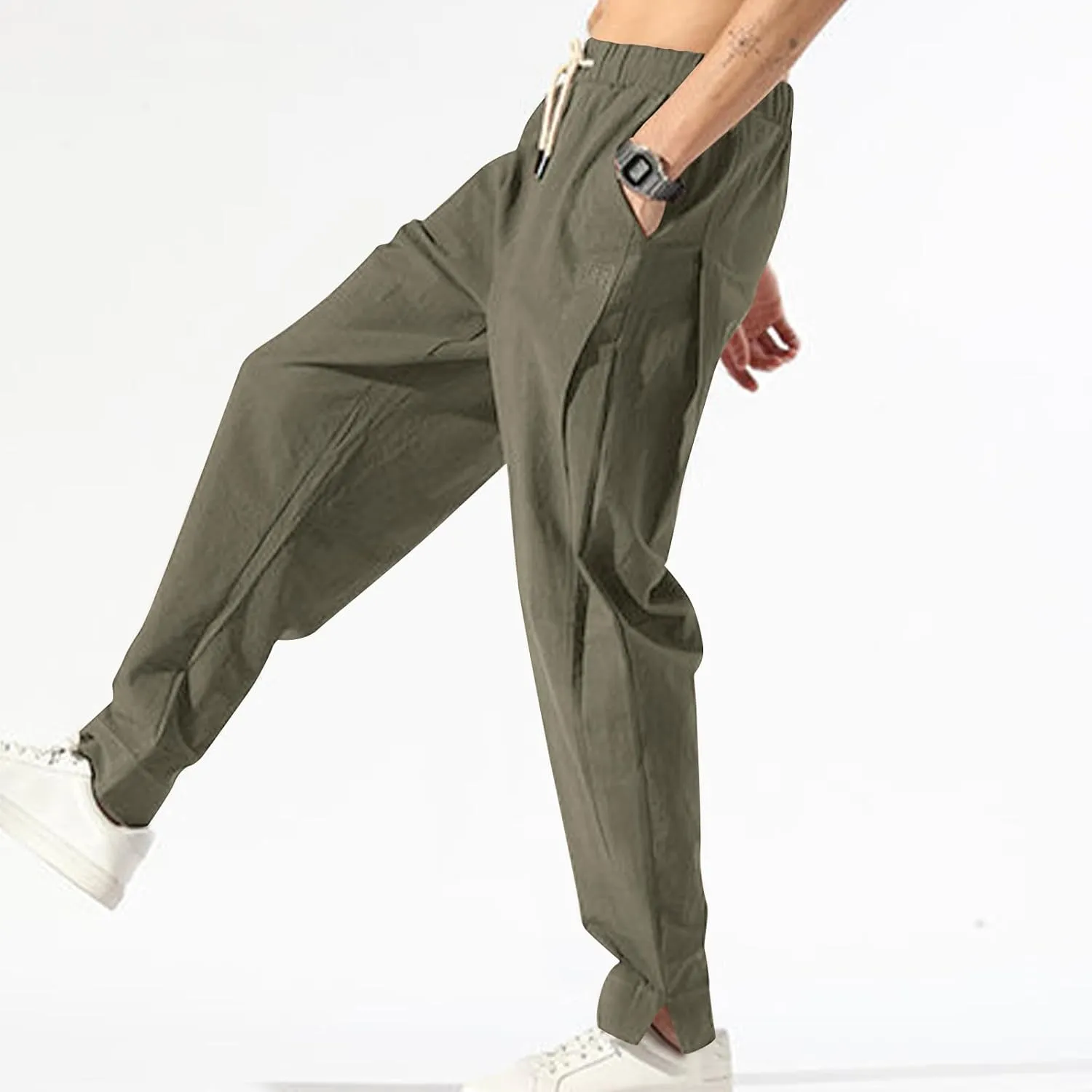 Ctreela Men's Linen Drawstring Pants Casual Elastic Waist Lightweight Trouser Hippie Summer Beach Yoga Pants Baggy Loose