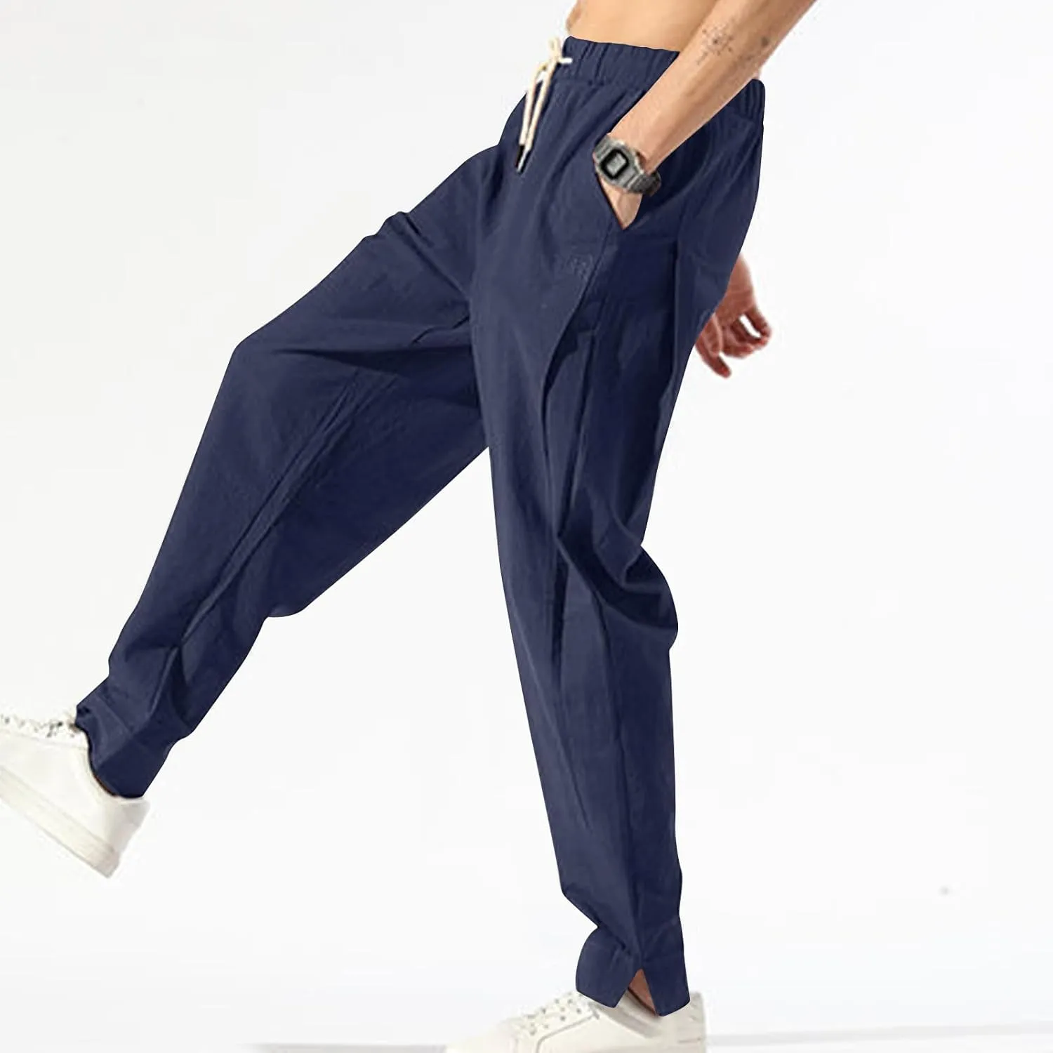 Ctreela Men's Linen Drawstring Pants Casual Elastic Waist Lightweight Trouser Hippie Summer Beach Yoga Pants Baggy Loose