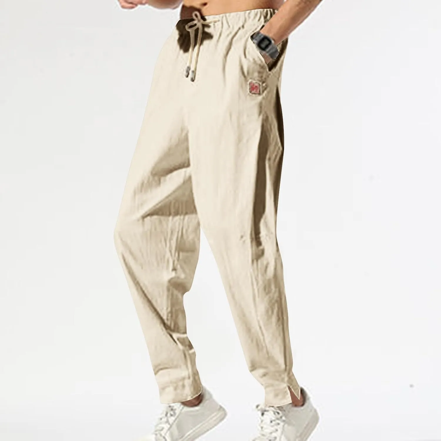 Ctreela Men's Linen Drawstring Pants Casual Elastic Waist Lightweight Trouser Hippie Summer Beach Yoga Pants Baggy Loose