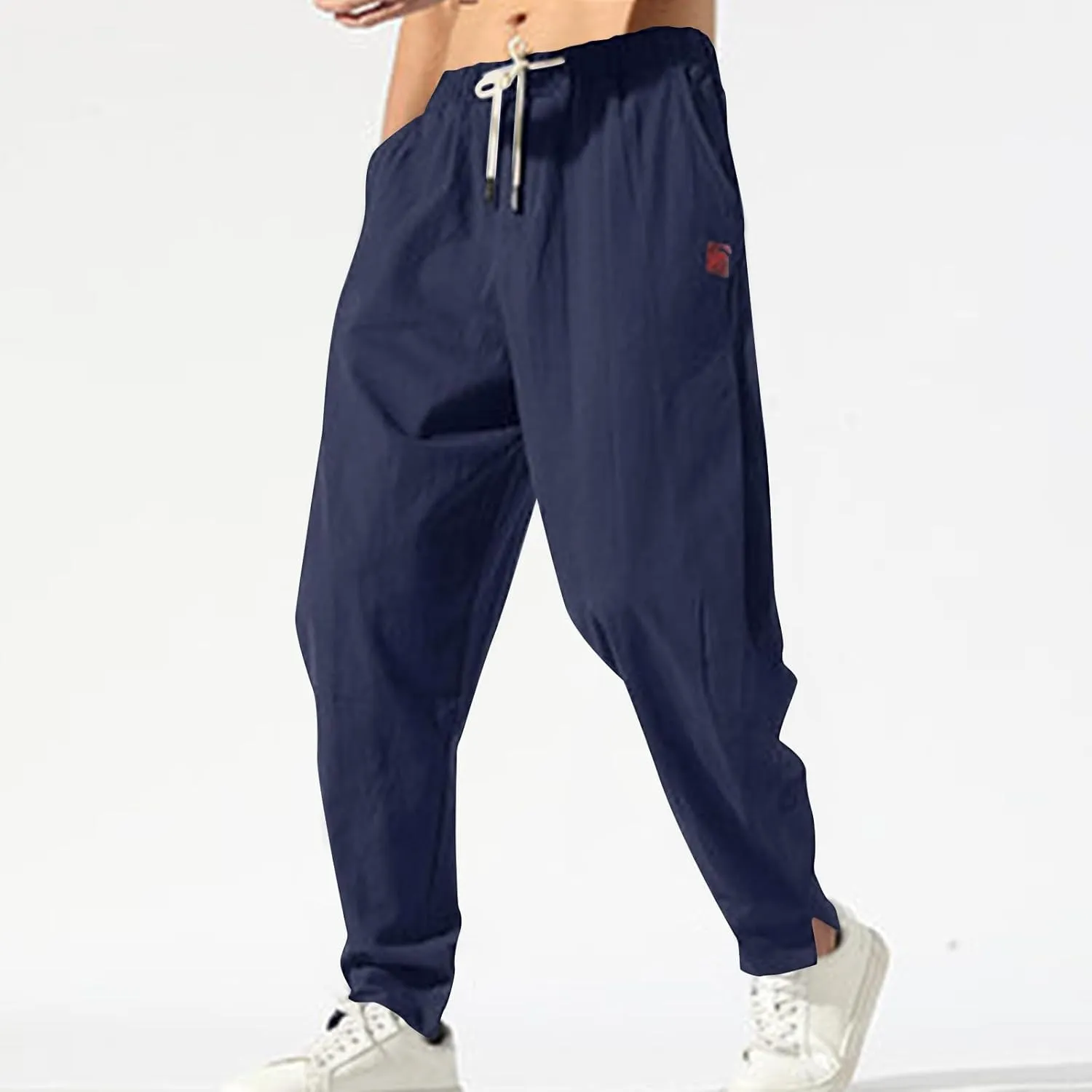 Ctreela Men's Linen Drawstring Pants Casual Elastic Waist Lightweight Trouser Hippie Summer Beach Yoga Pants Baggy Loose