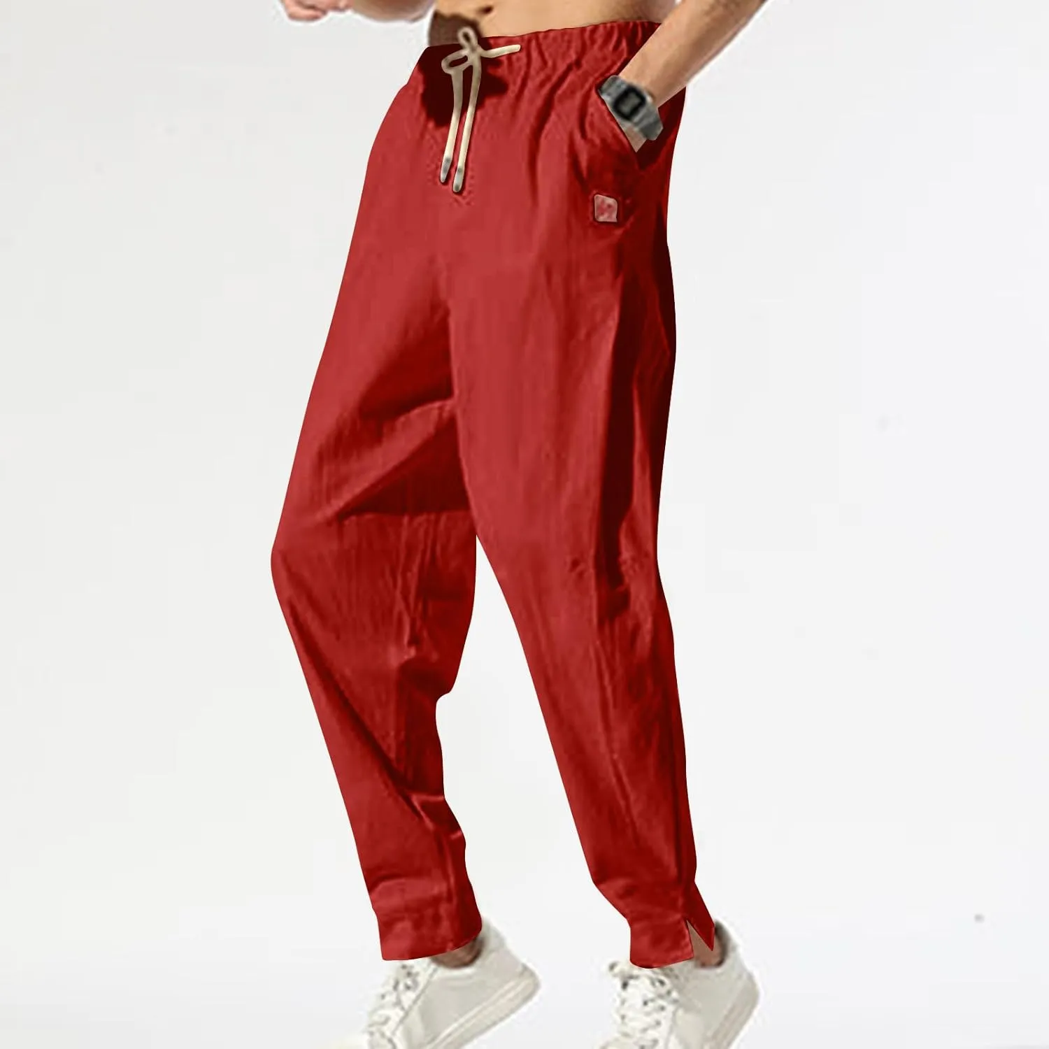 Ctreela Men's Linen Drawstring Pants Casual Elastic Waist Lightweight Trouser Hippie Summer Beach Yoga Pants Baggy Loose