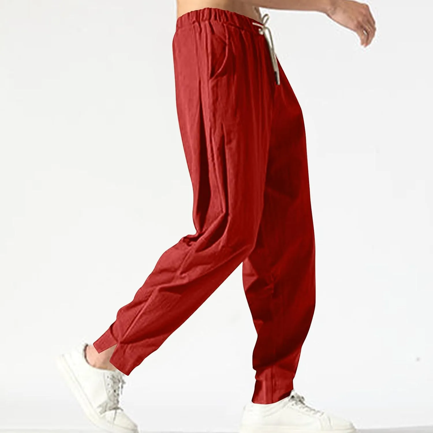 Ctreela Men's Linen Drawstring Pants Casual Elastic Waist Lightweight Trouser Hippie Summer Beach Yoga Pants Baggy Loose